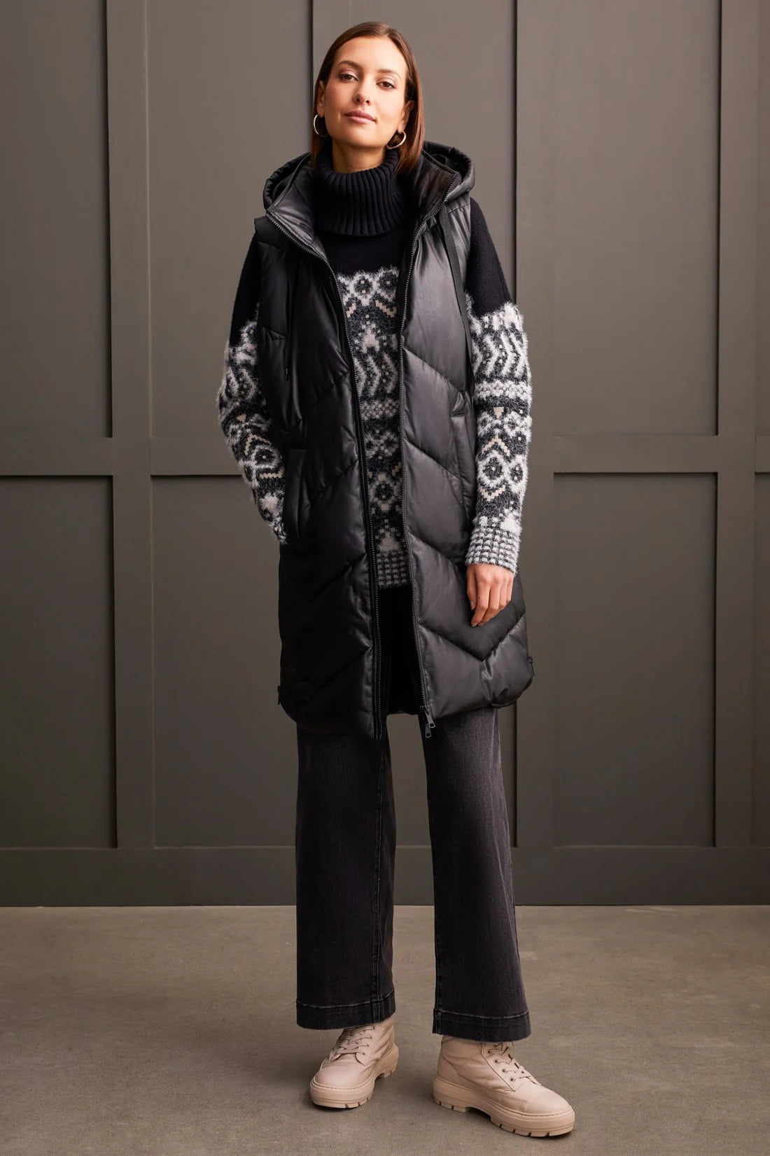 Tribal Long Puffer Vest Black