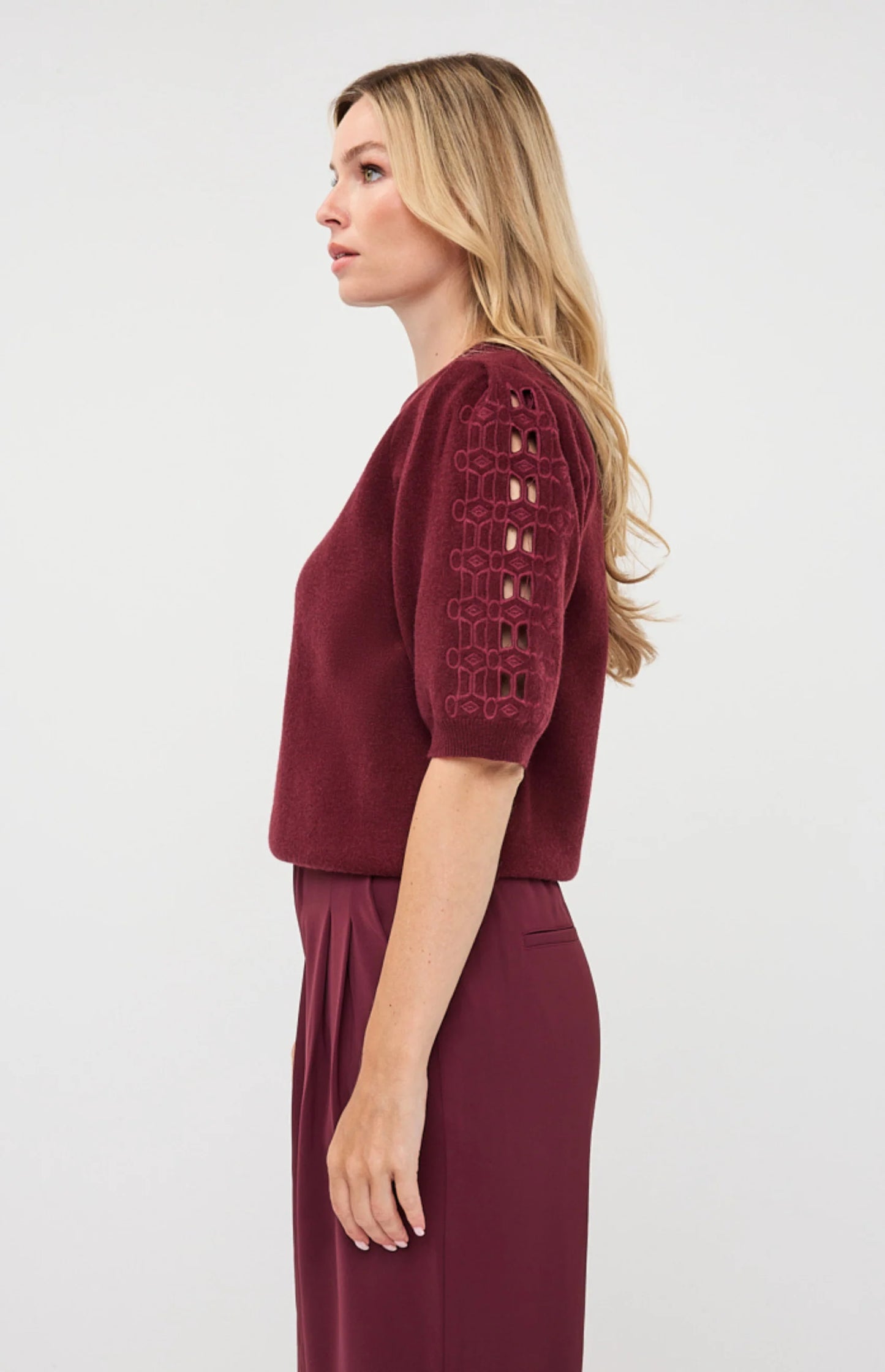 Esqualo Embroidered Sleeve Knit Top Merlot