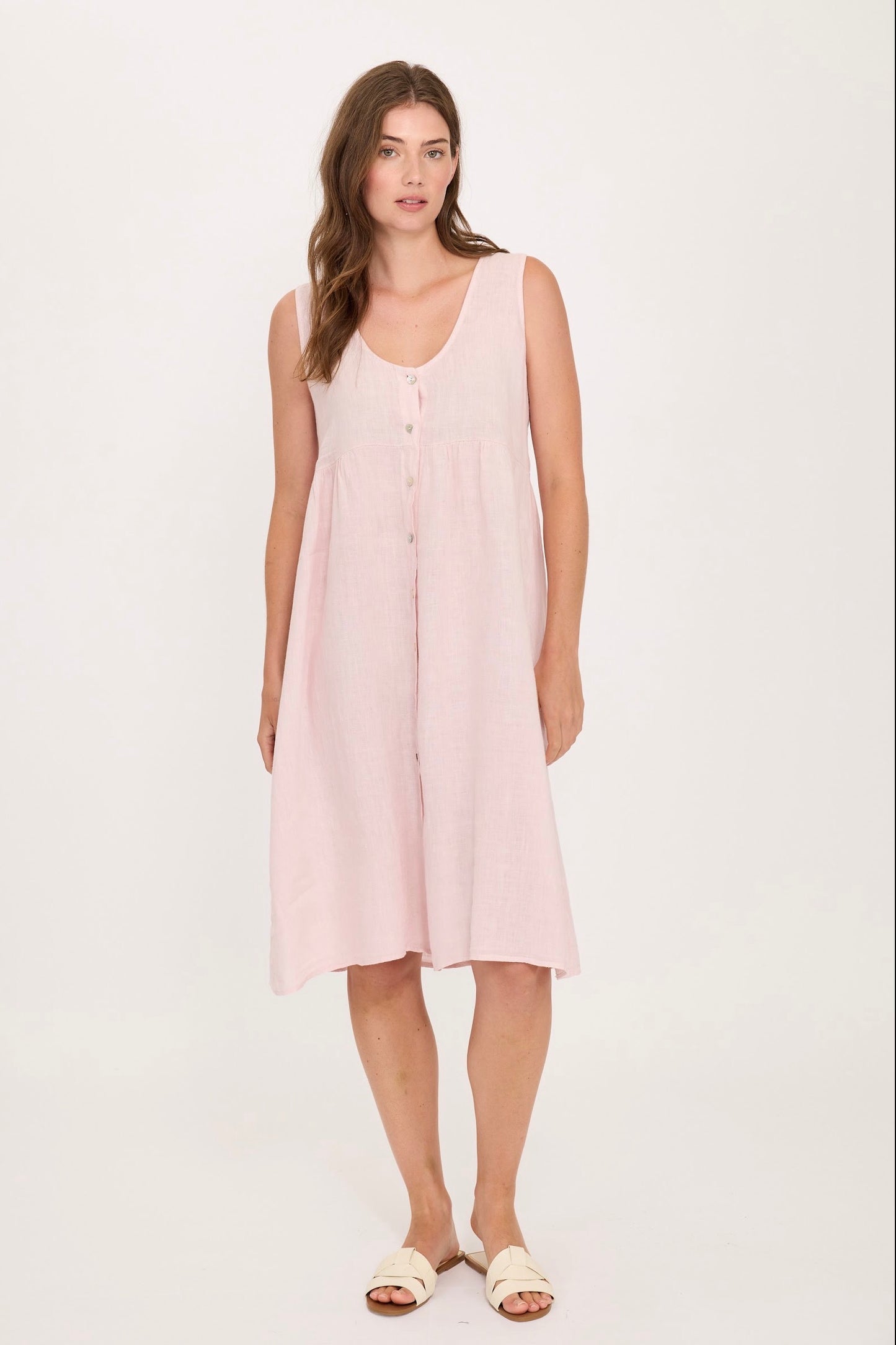Pistache Sleeveless Buttoned Linen Dress Pink Mist