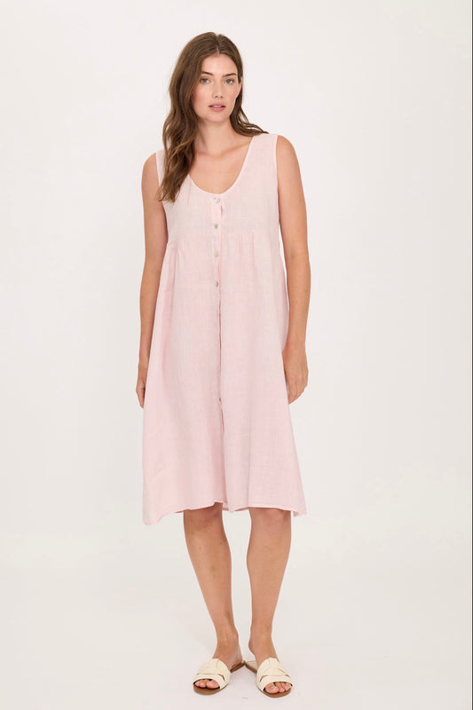 Pistache Sleeveless Buttoned Linen Dress Pink Mist
