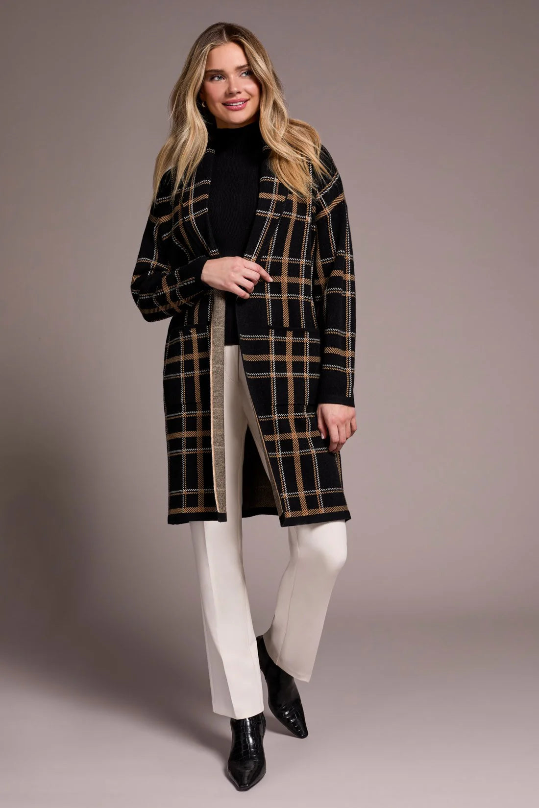 DOUBLE KNIT LONG PLAID COATIGAN
