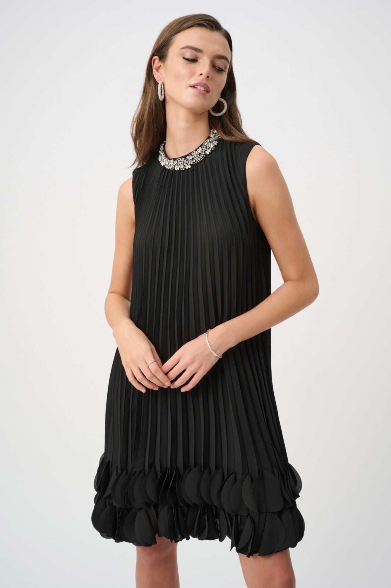 Joseph Ribkoff Pleated Georgette Embellished A-Line Dress 263738