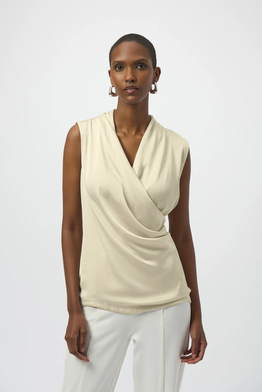Joseph Ribkoff Recycled Satin & Silky Knit Sleeveless Wrap Top Birch 254215