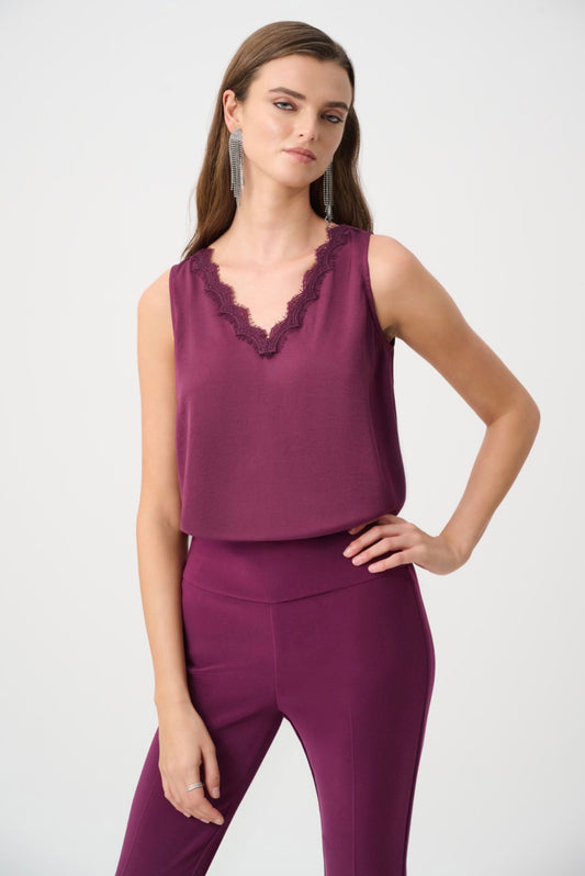 Joseph Ribkoff Recycled Satin Sleeveless V-Neck Top Berry Burst 263235