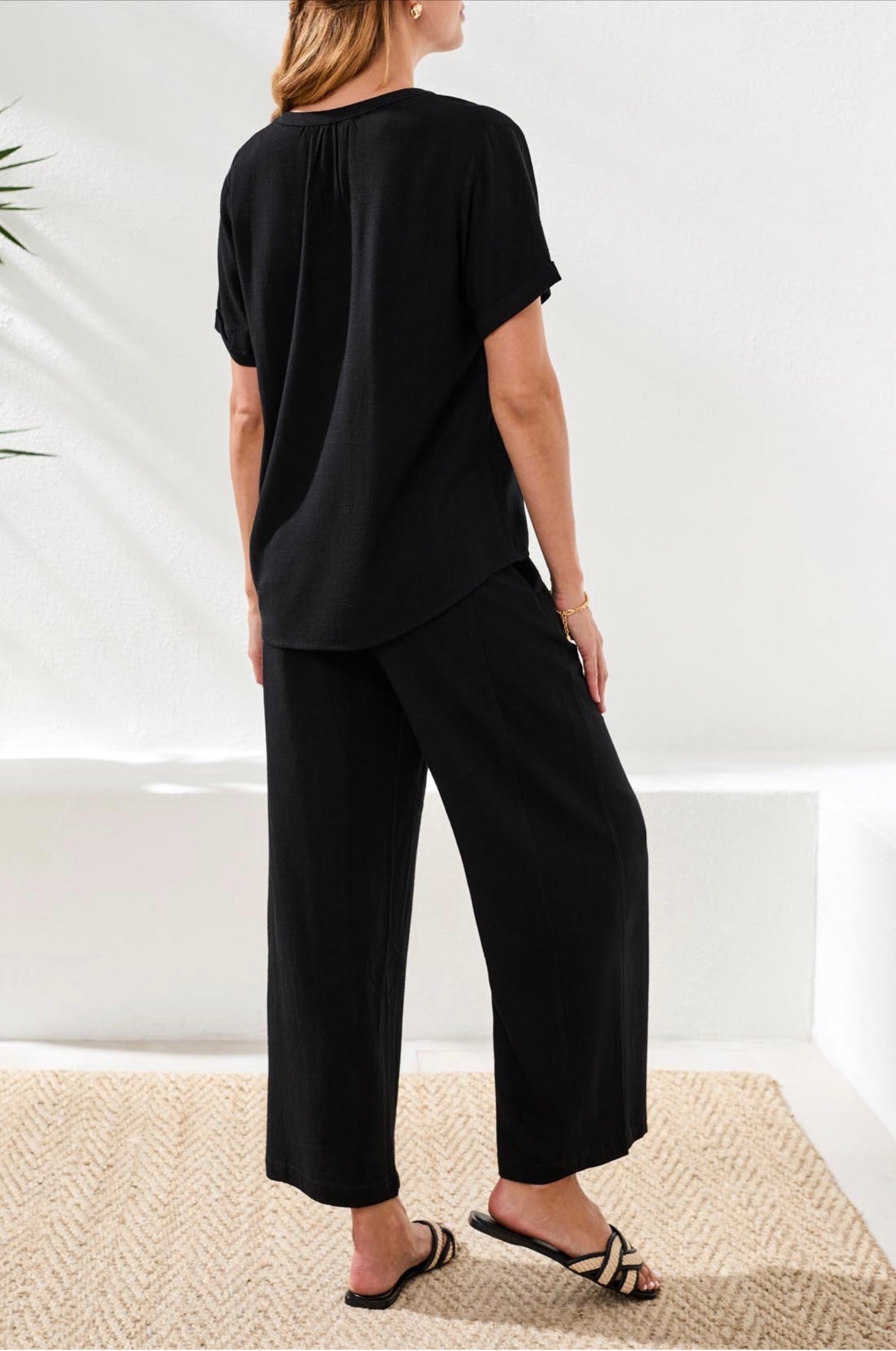 Tribal Linen Notch Neck Relaxed Top Black