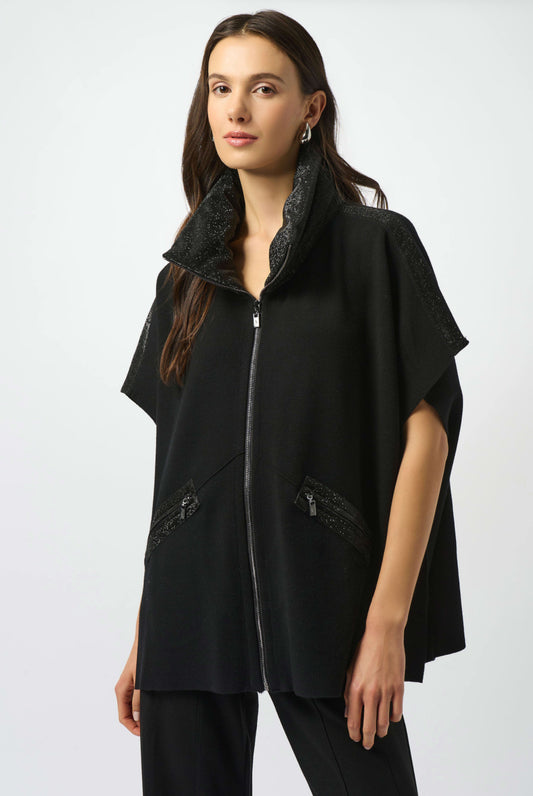 Joseph Ribkoff Faux Leather Trimmed Poncho Sleeve Jacket 253998