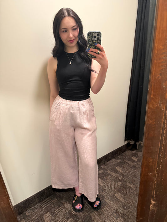 Pistache Cropped Linen Pants Pink Mist