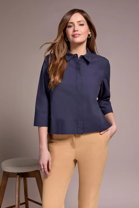 Tribal Poplin 3/4 Sleeve Button Front Shirt Sapphire