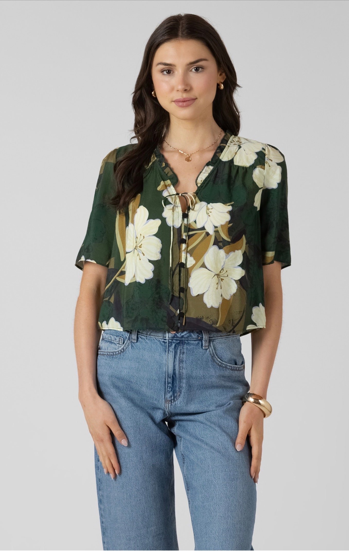 Rex Button Front Ruffle Trim Blouse Palm Blossom