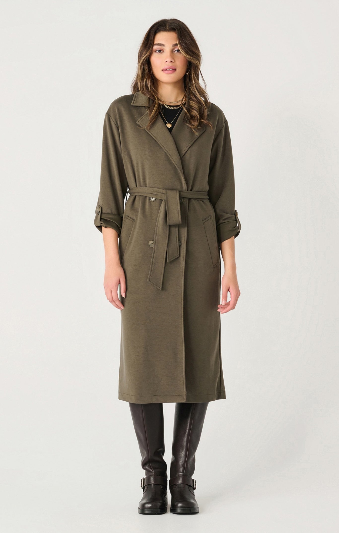 Dex Double Breasted Knit Trench Coat Olive