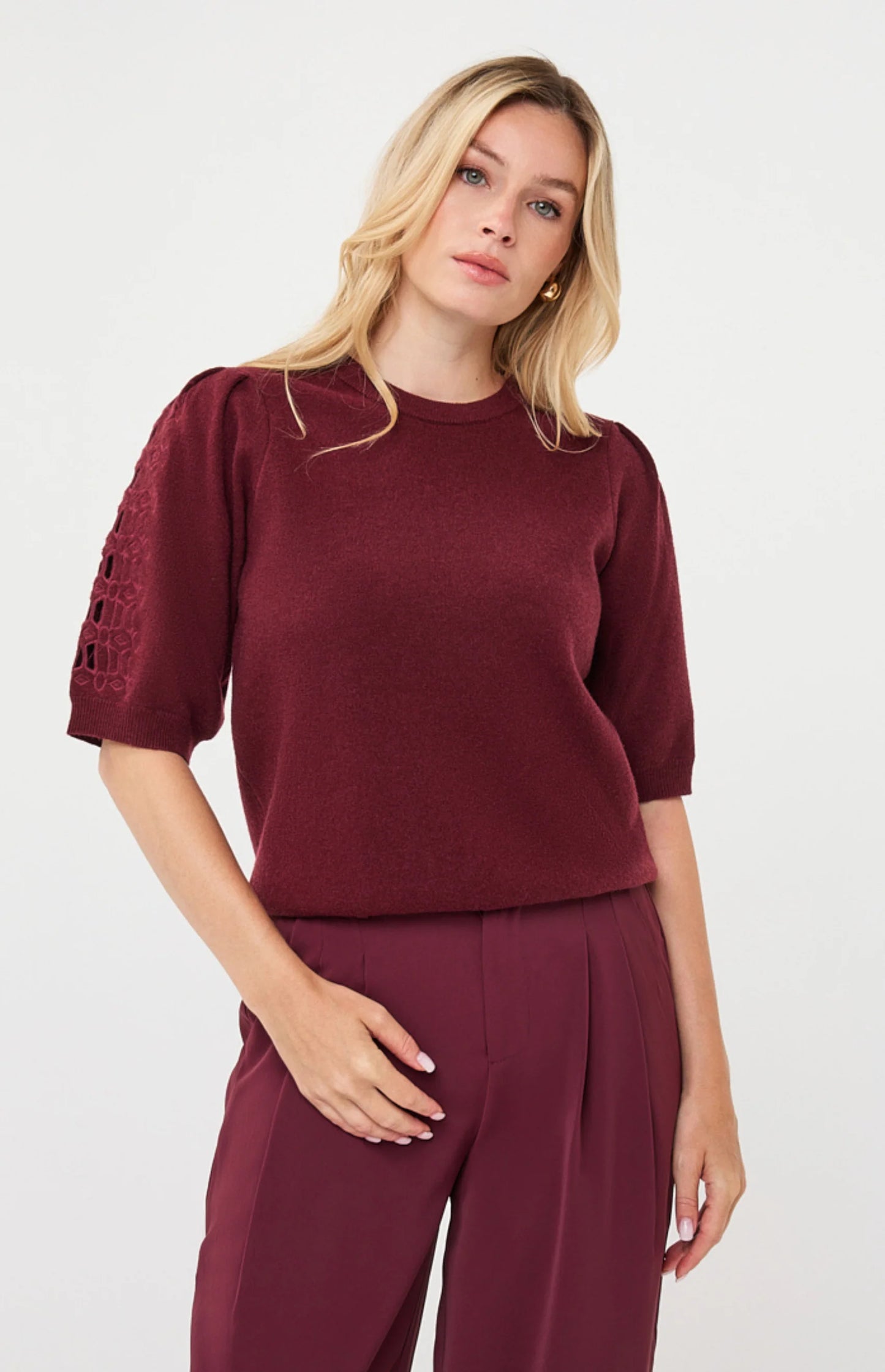 Esqualo Embroidered Sleeve Knit Top Merlot