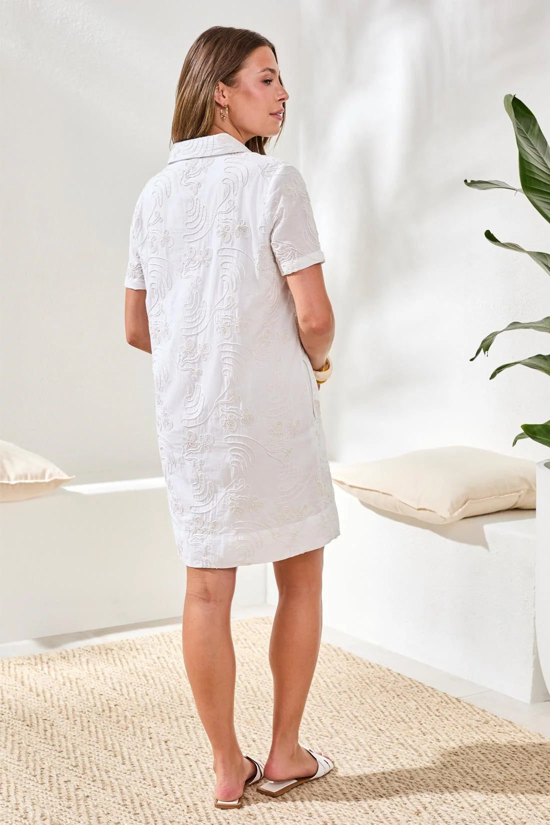 Tribal Elbow Sleeve V-Neck Tunic Dress White