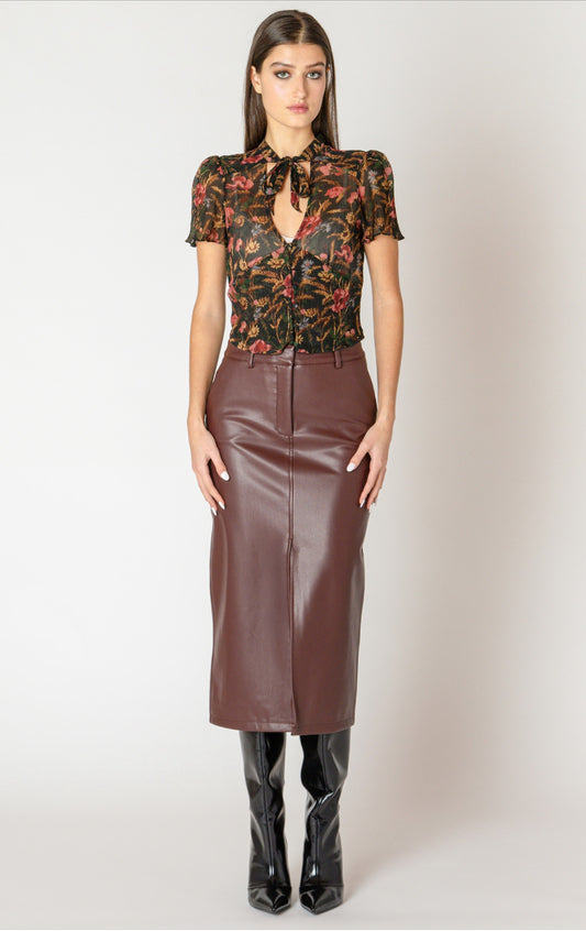 Black Tape Faux Leather Midi Skirt Bordeaux
