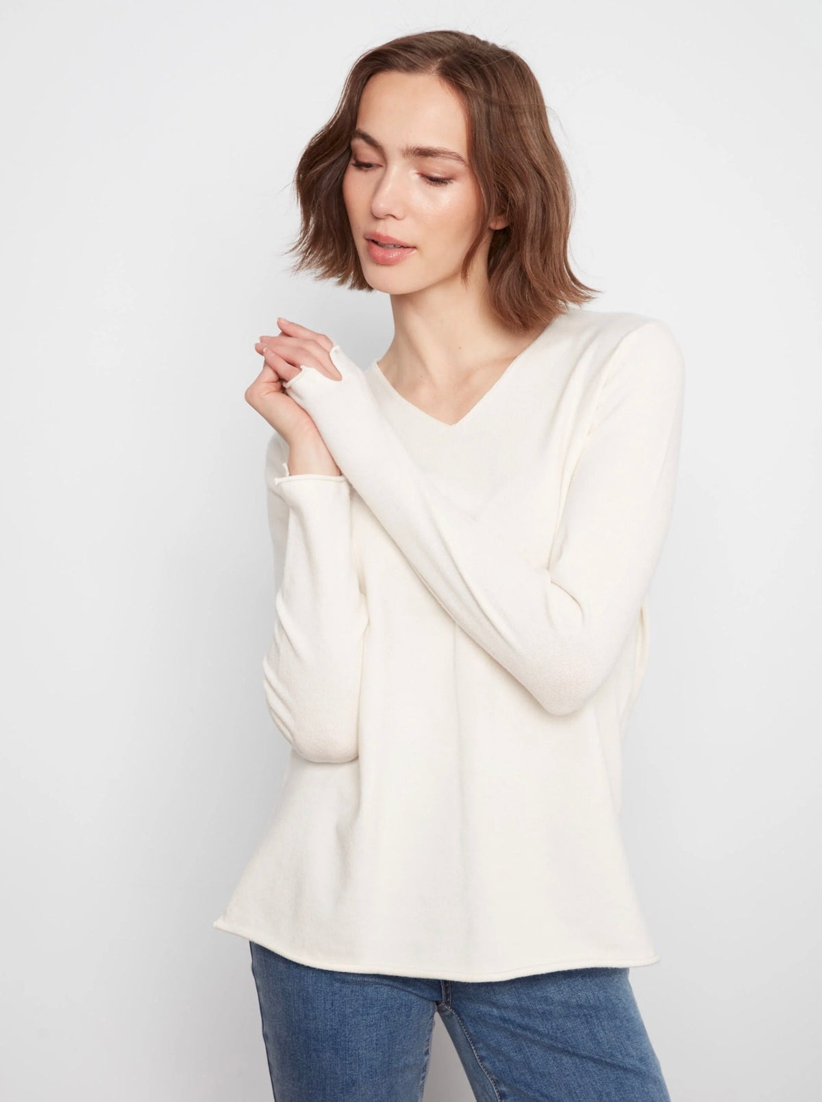 Charlie B Basic V-Neck Sweater Ecru