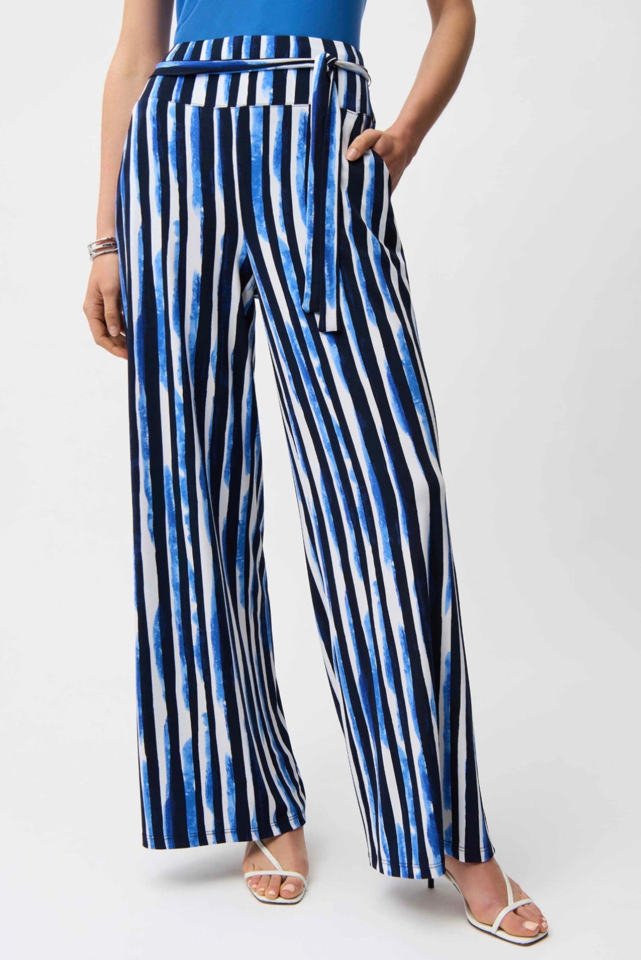 Joseph Ribkoff Silky Knit Stripe Print Wide Leg Pull-On Pants 261292