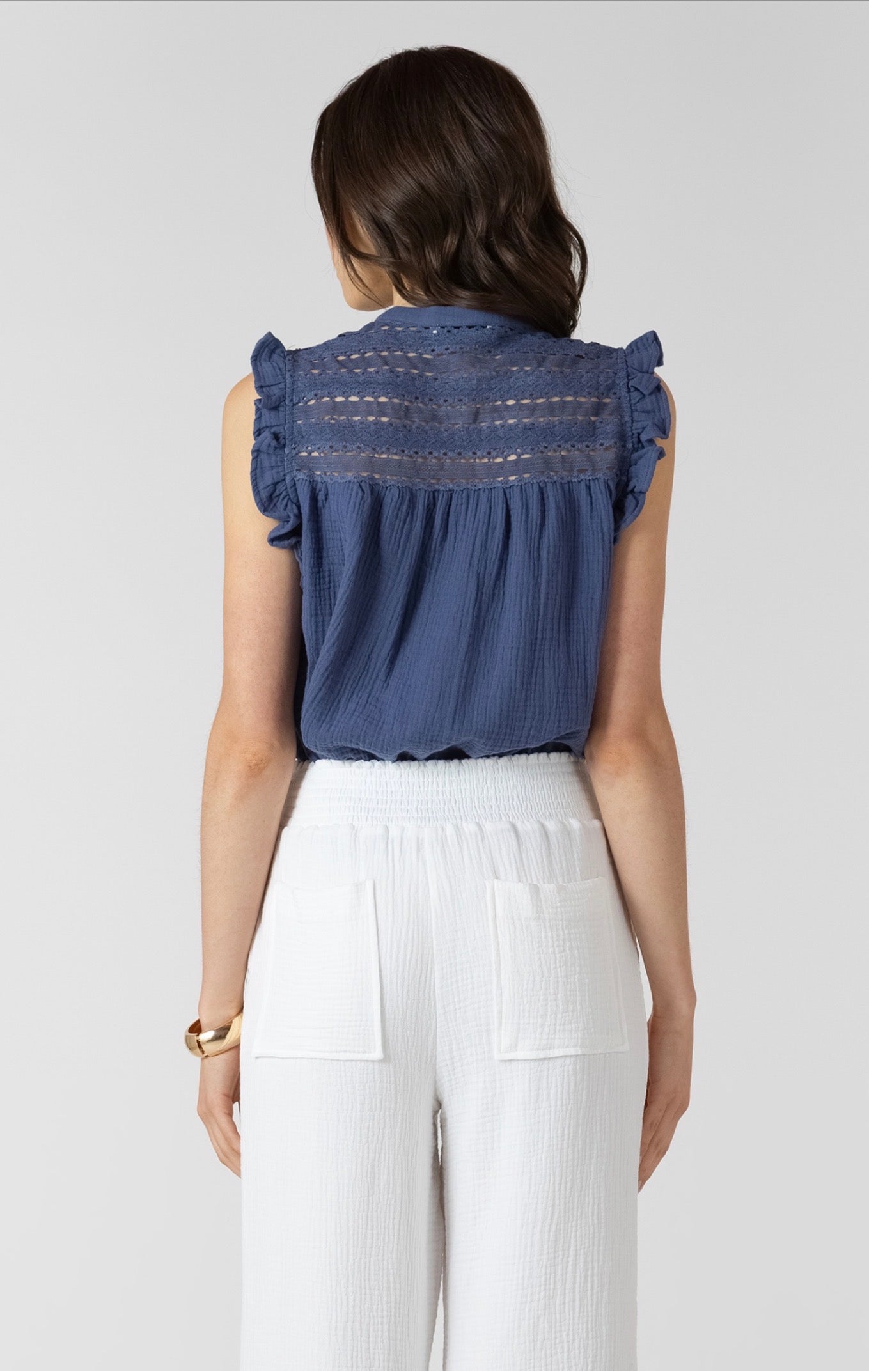 Dex Lace Insert Button Up Blouse Blue