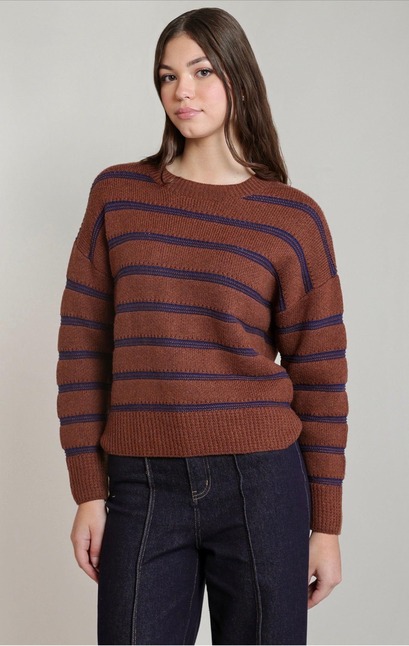 Dex Striped Crewneck Sweater Rustic Brown