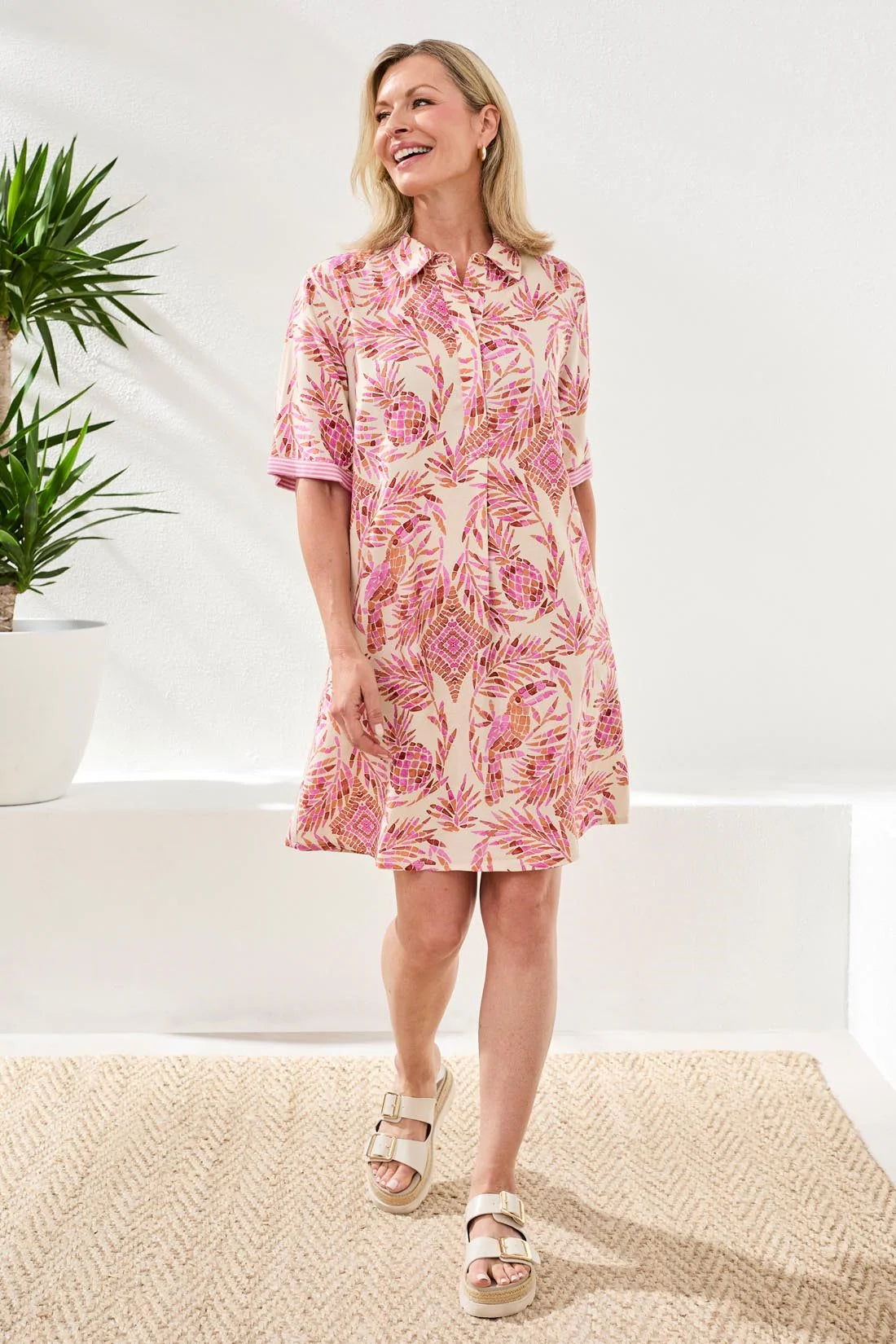 Tribal Short Sleeve Collared Shift Dress