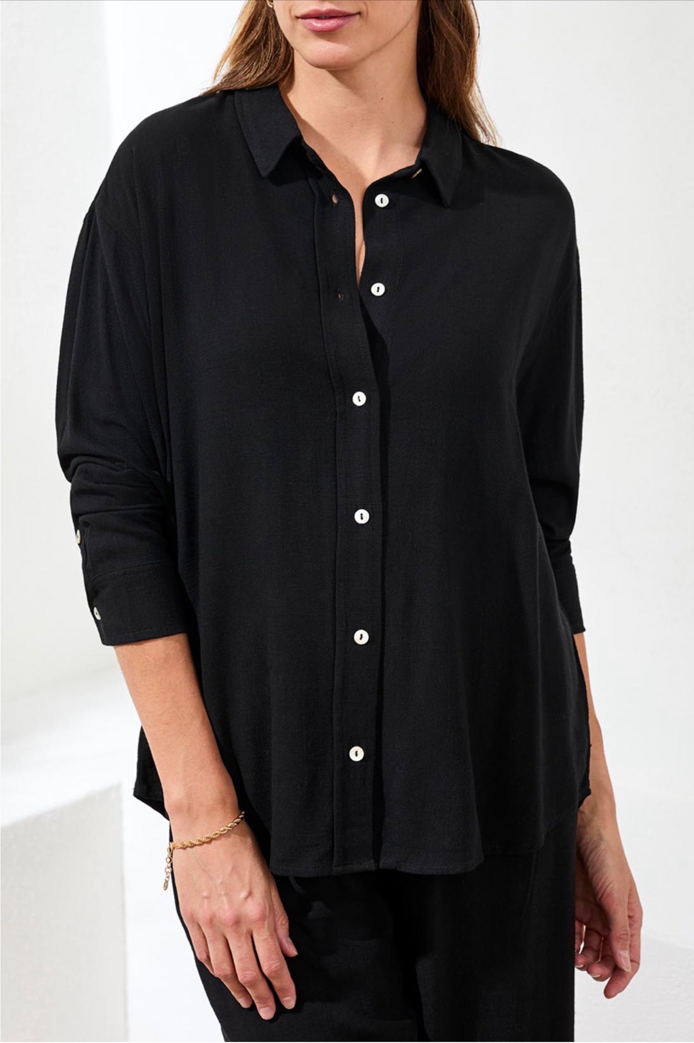 Tribal Linen Flowy Button Up Shirt Black