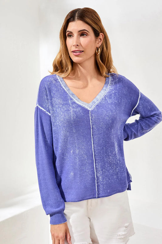 Tribal Cotton V- Neck Sweater Baja Blue