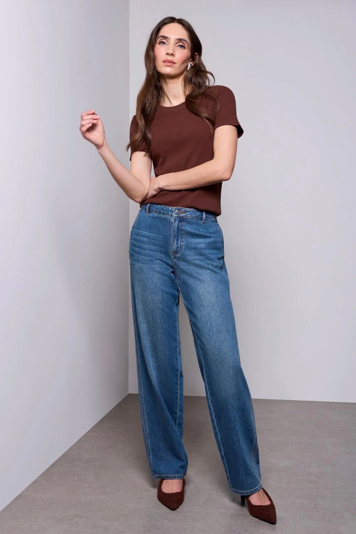 Tribal Blue Thread Cotton Ribbed Tee Brown