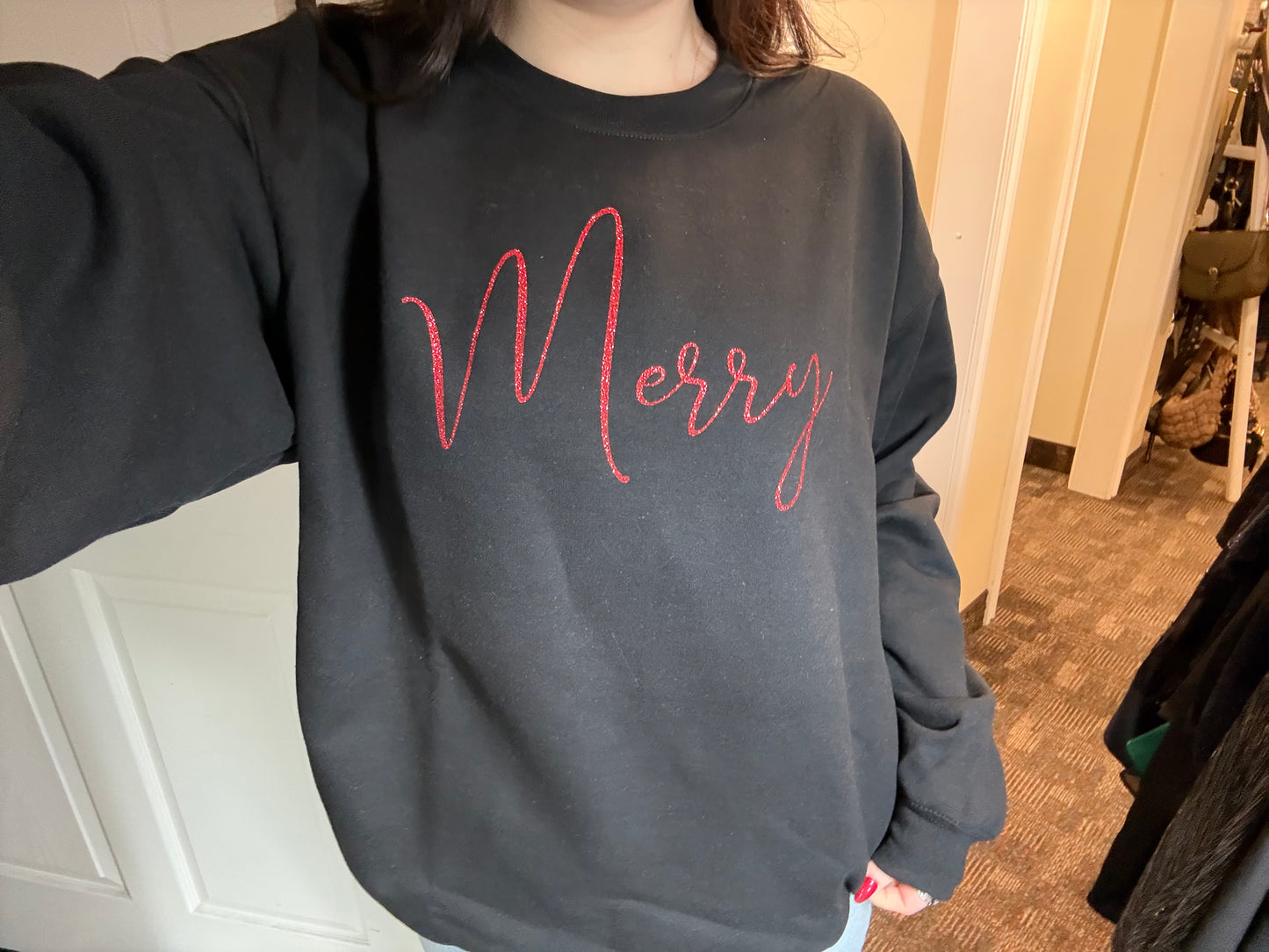 Merry Red Glitter Crewneck Black