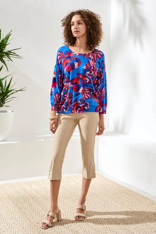Tribal Printed 3/4 Sleeve Crewneck Sweater Sea