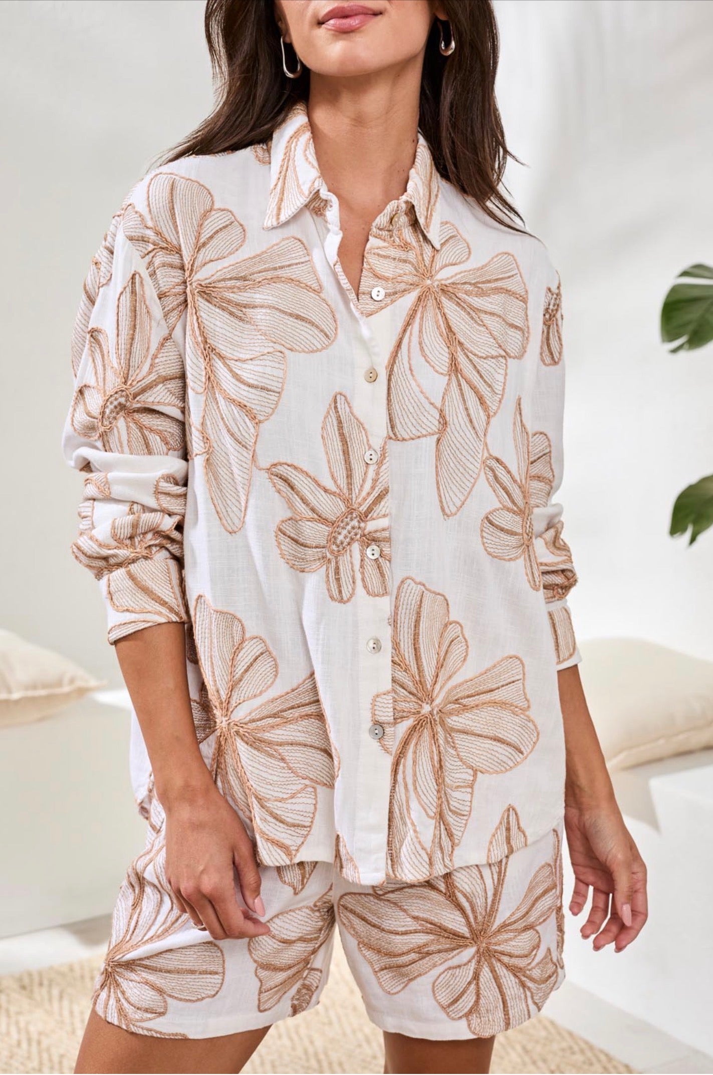 Tribal Button Front Patterned Blouse White