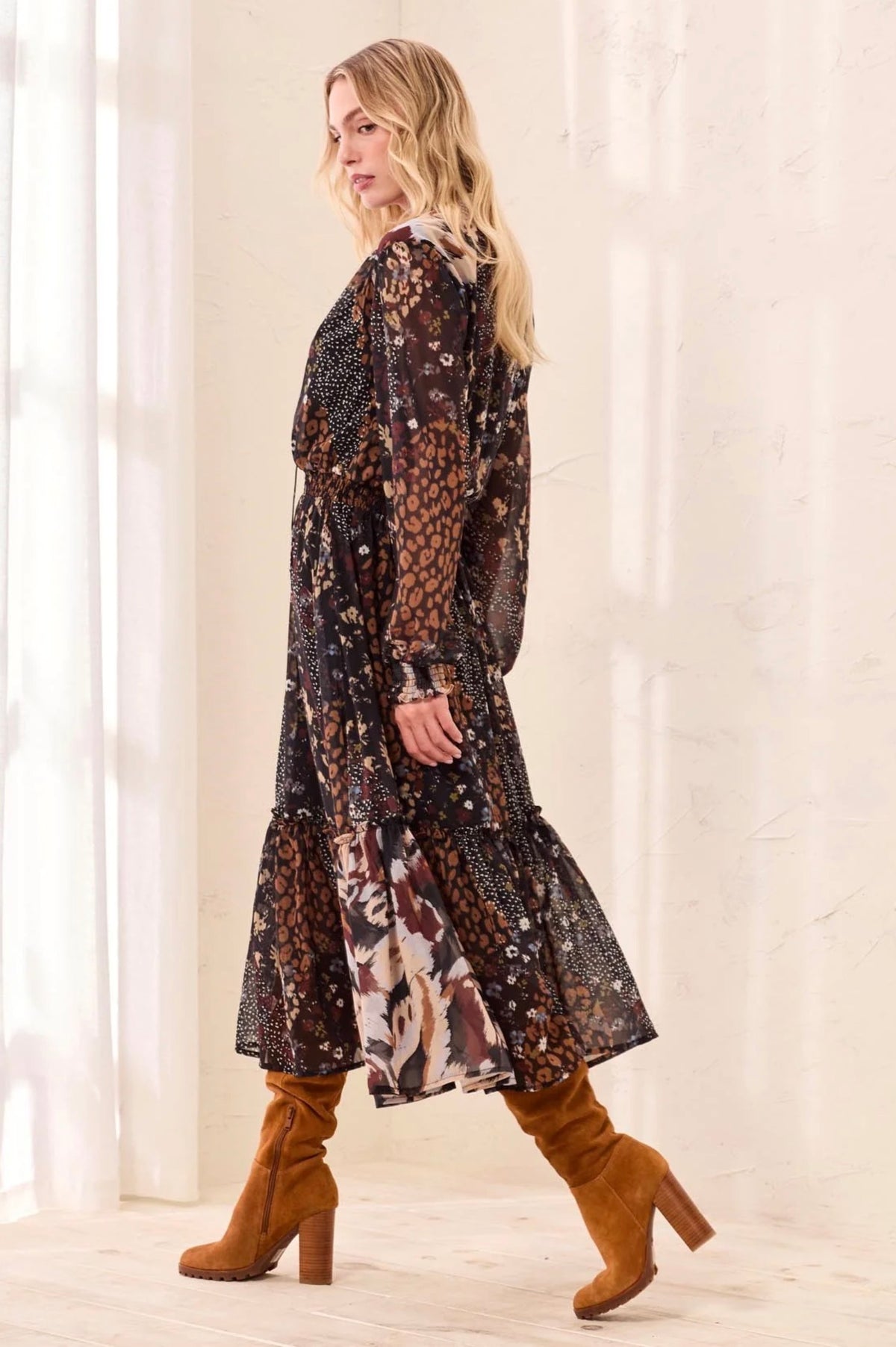 Tribal Smocked Waist Mixed Print Maxi Dress