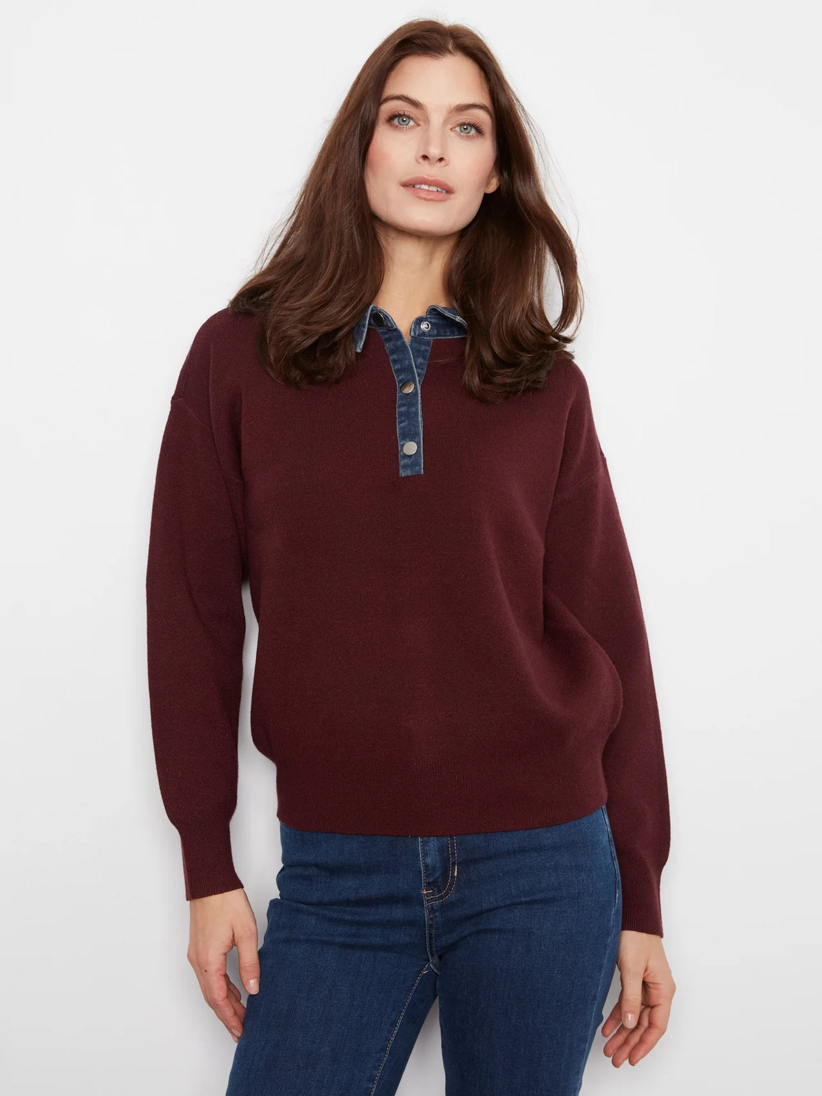 Denim Trim Polo Sweater - Merlot