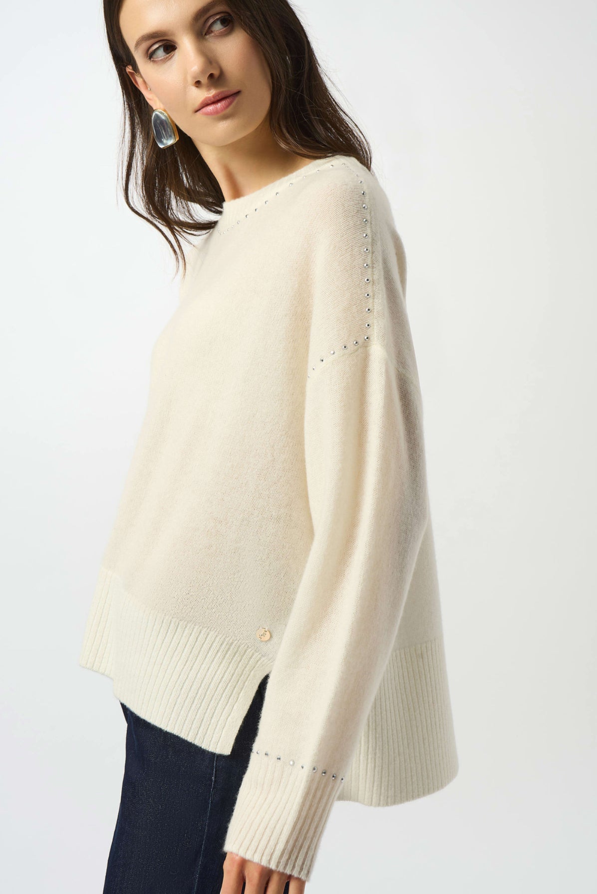 Joseph Ribkoff Cashmere Crew Neck Top with Stud Detailing Vanilla 253980