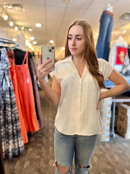 Renuar Flowy V-Neck Button Up Top White