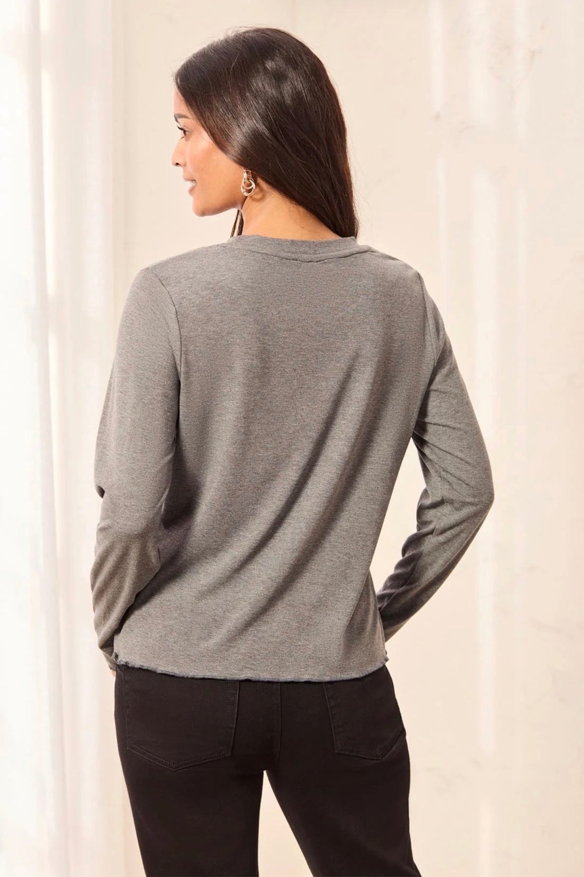 Tribal Button Cuff Ruffle Hem Top Charcoal