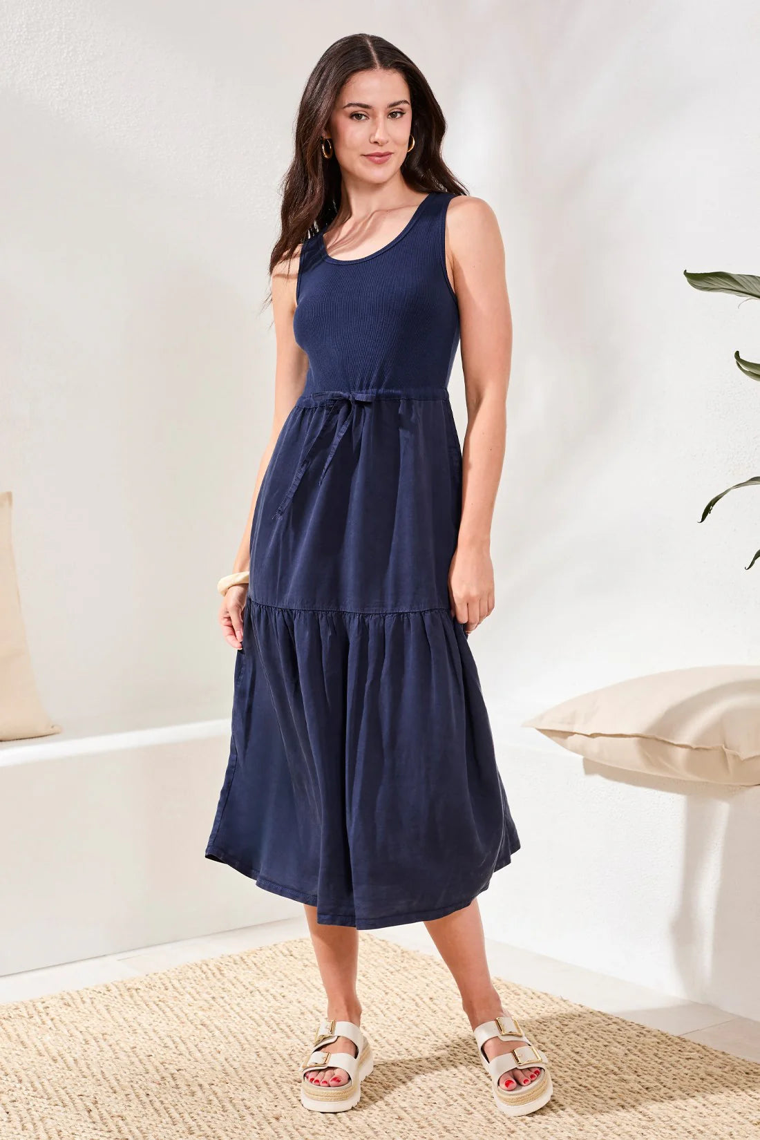 Tribal Tiered Tie Waist Maxi Dress Nautical