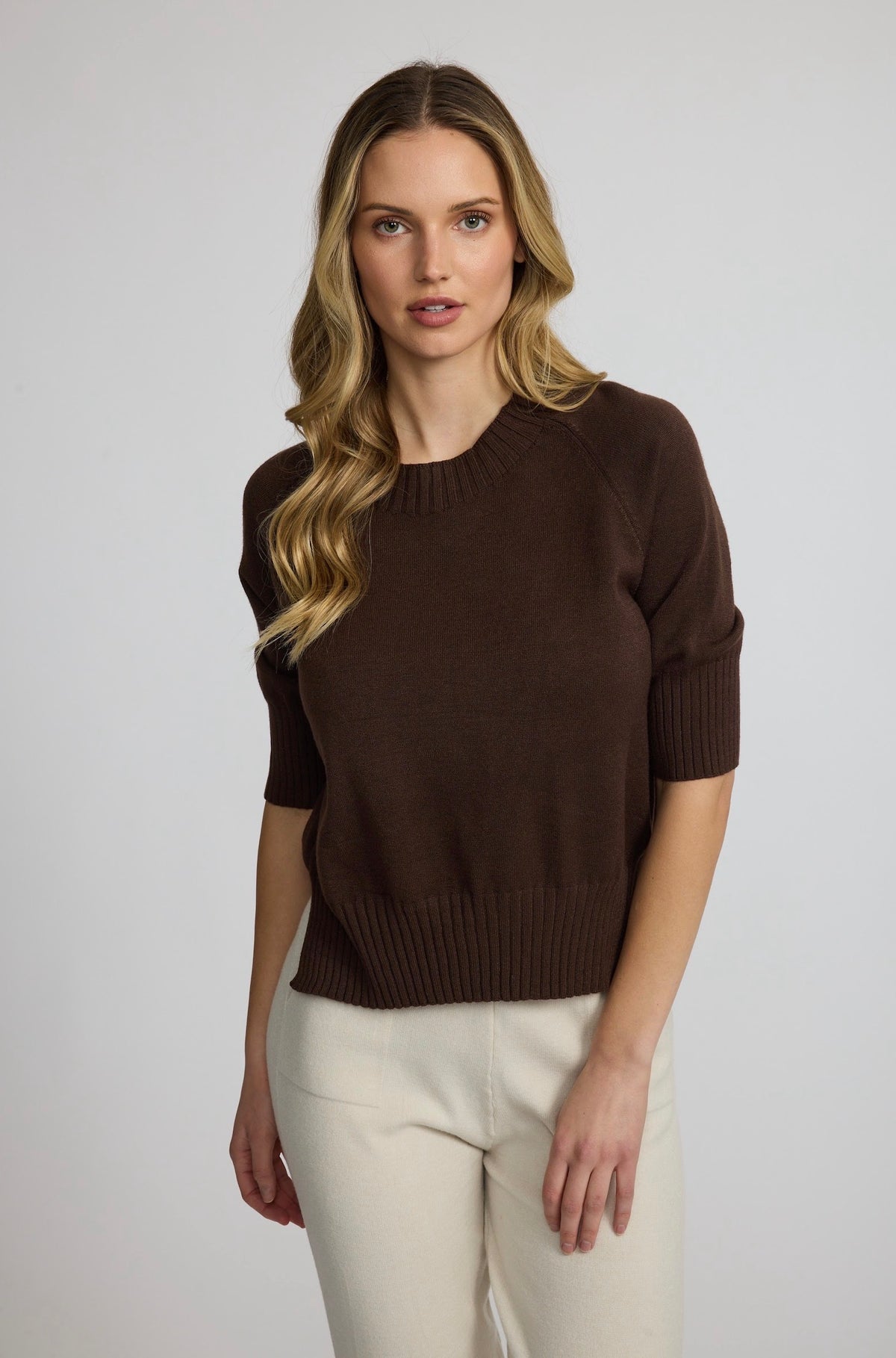 Pistache Short Sleeve Ribbed Hem Sweater Espresso