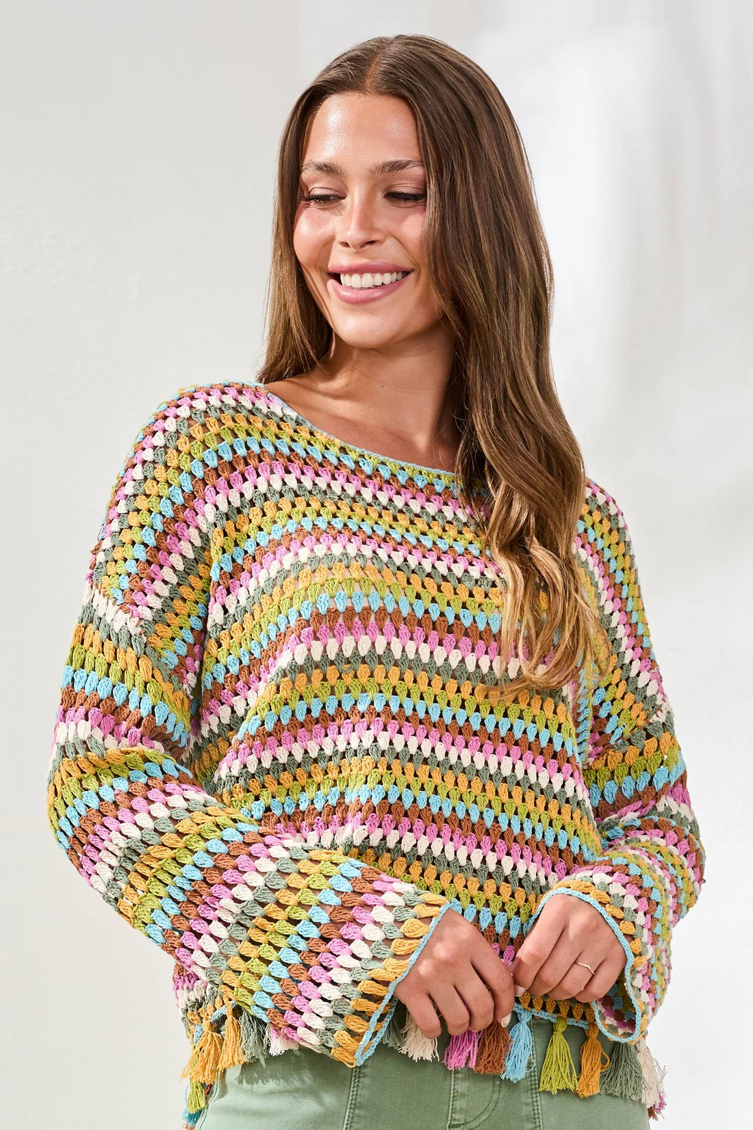 MULTICOLOR CROCHET BELL SLEEVE SWEATER WITH TASSELS