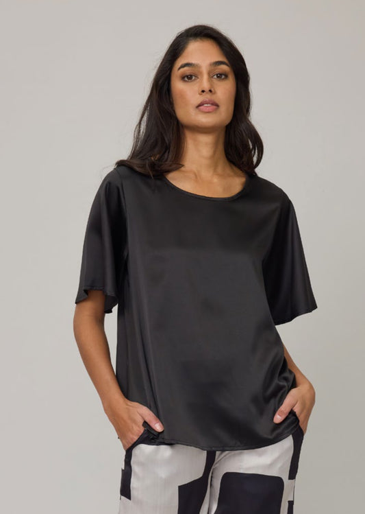 Pistache Satin Flutter Sleeve Top Black