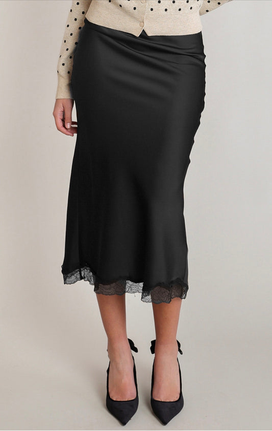 Dex Satin Lace Trim Skirt Black