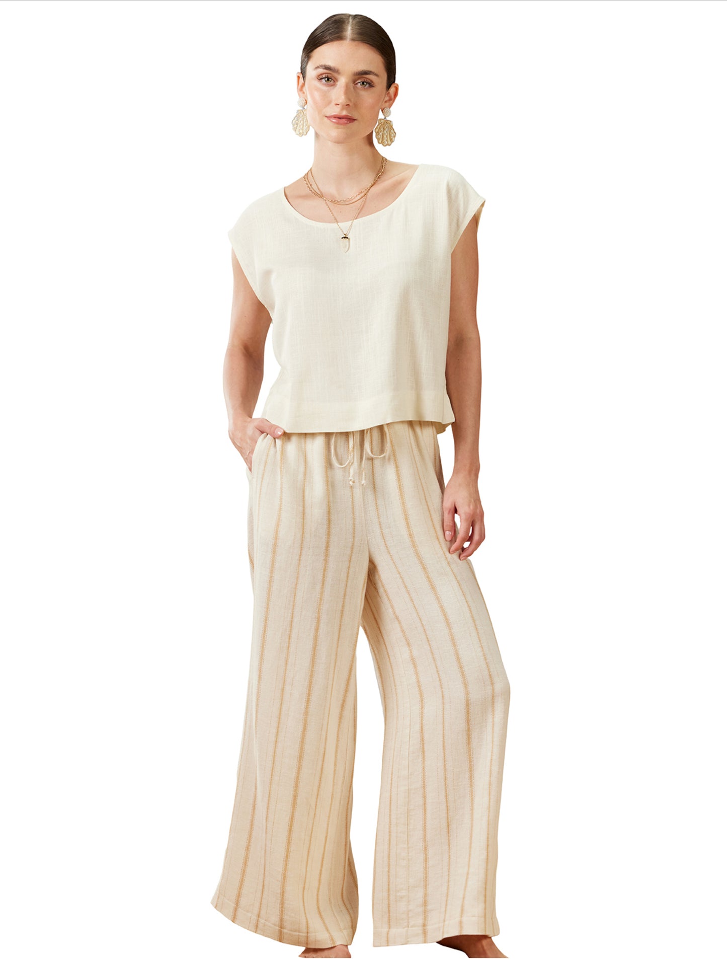 Tribal Boat Neck Linen Top Eggshell