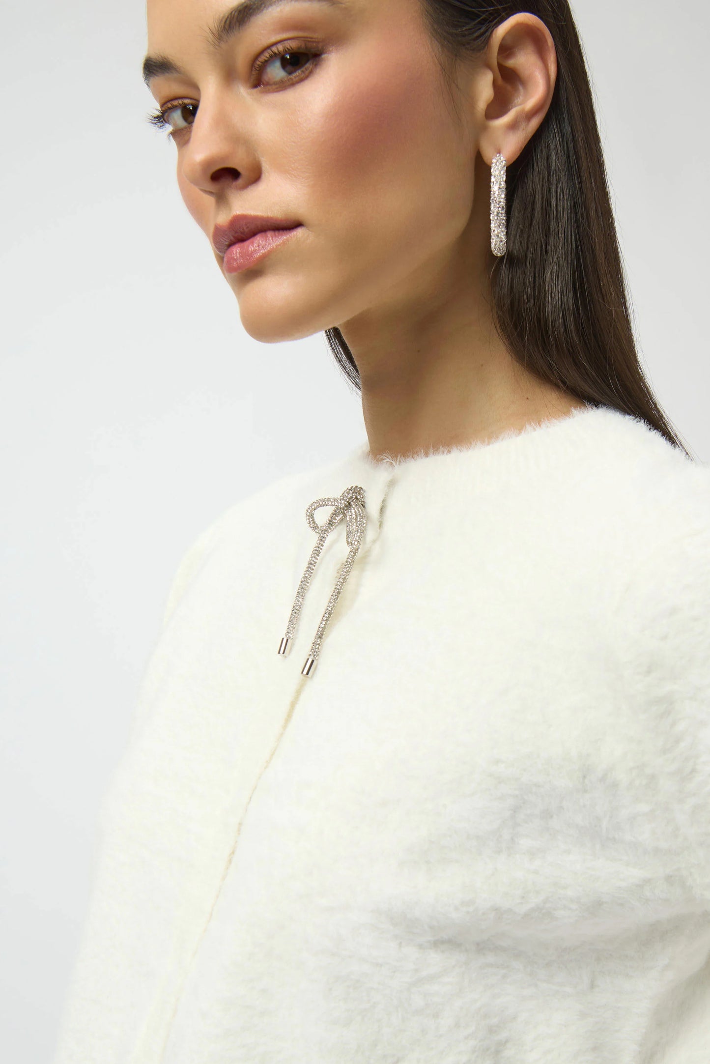 Joseph Ribkoff Feather Yarn Cardigan with Rhinestone Bow 254955