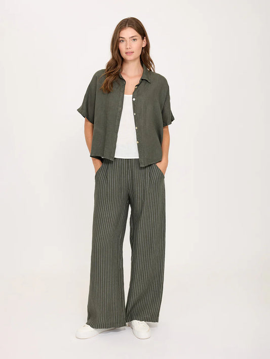 Pistache Short Sleeve Button Up Linen Top Military Green