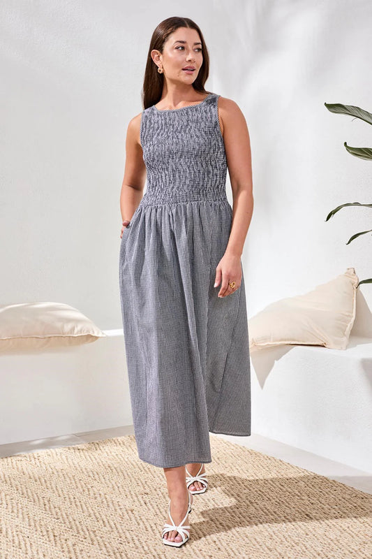 Tribal Gingham Smocked Bodice Maxi Dress
