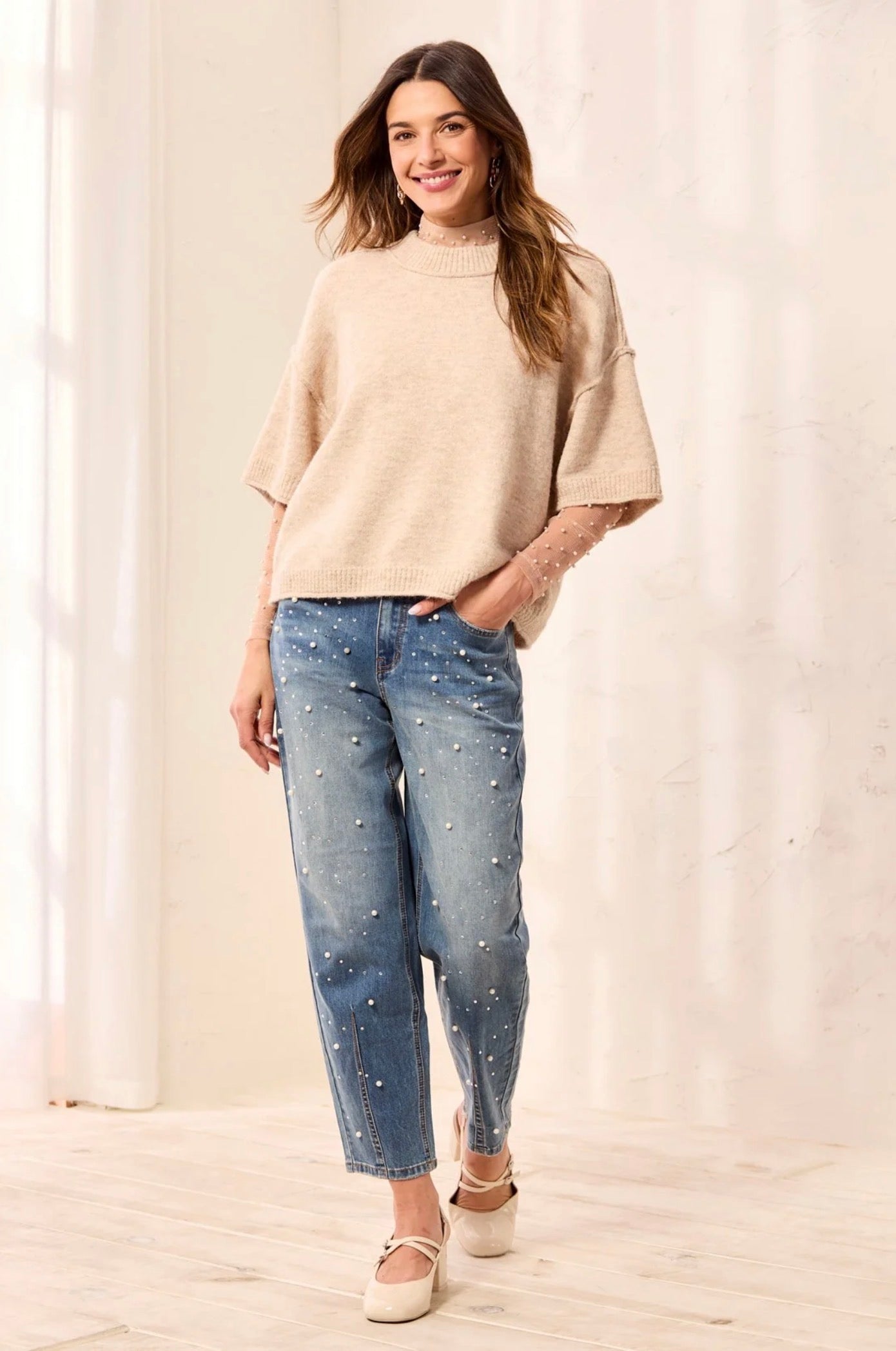 Tribal Elbow Sleeve Crewneck Sweater Cream