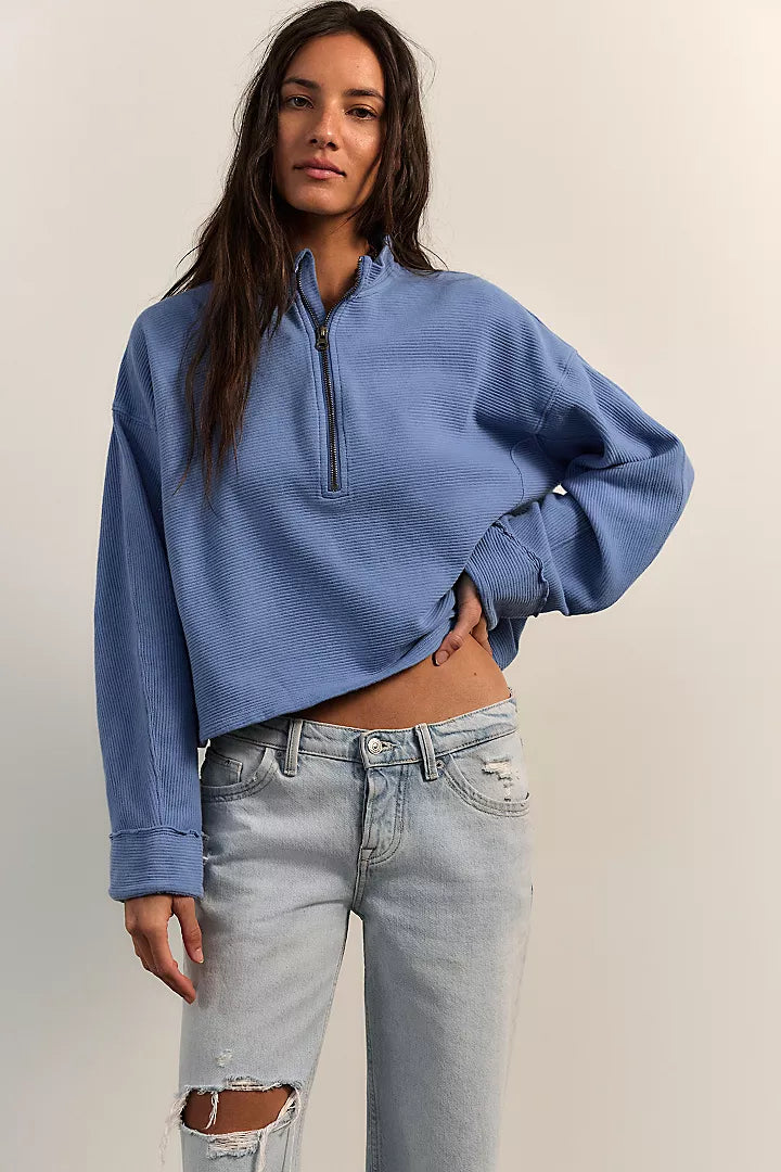 Free People Celeste Quarter Zip Riviera Blue