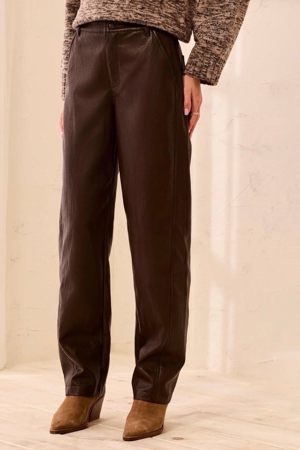 Tribal Faux Leather Barrel Leg Pants Saddle Brown