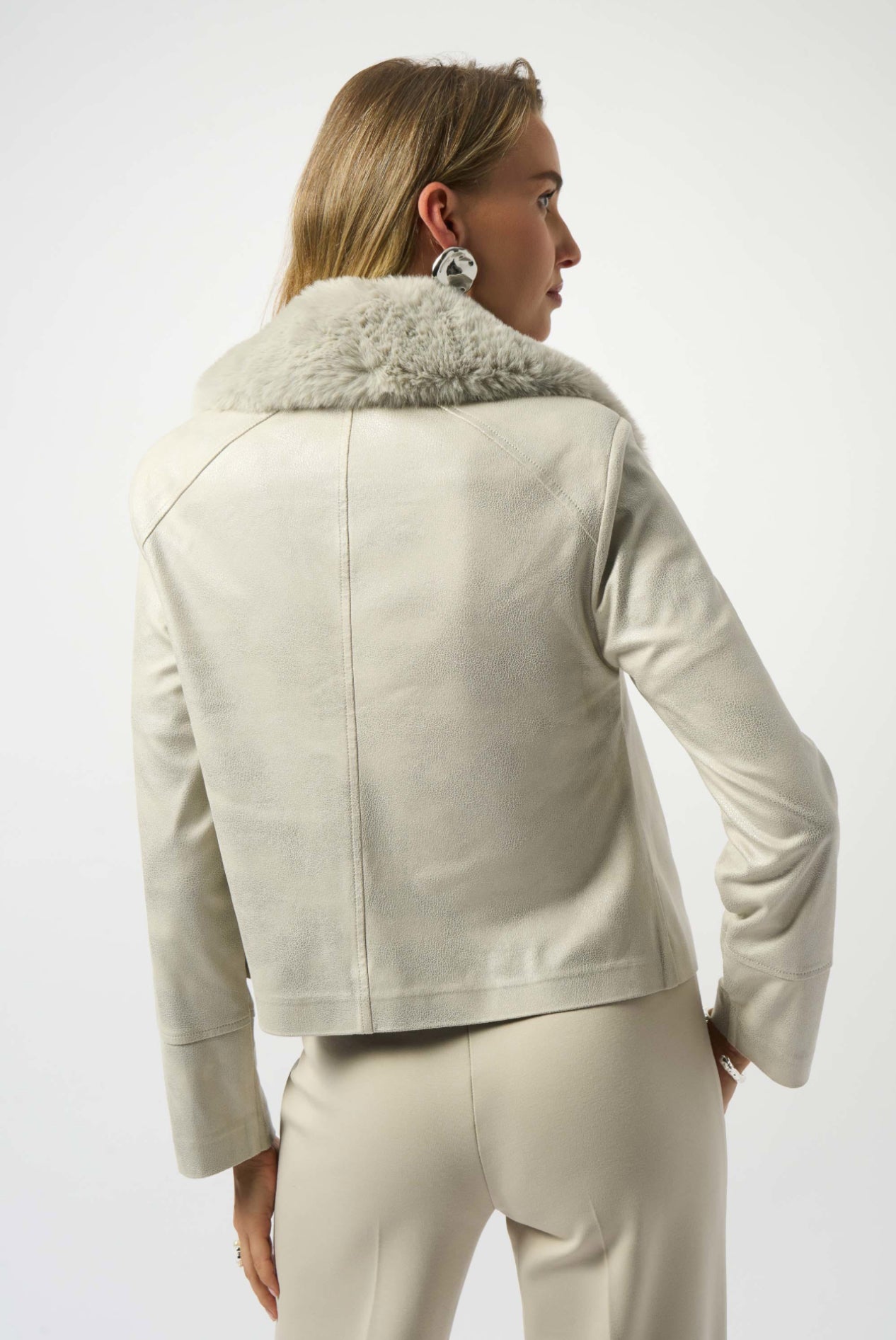 Joseph Ribkoff Foiled Suede Swing Jacket with Faux Fur Collar 253925