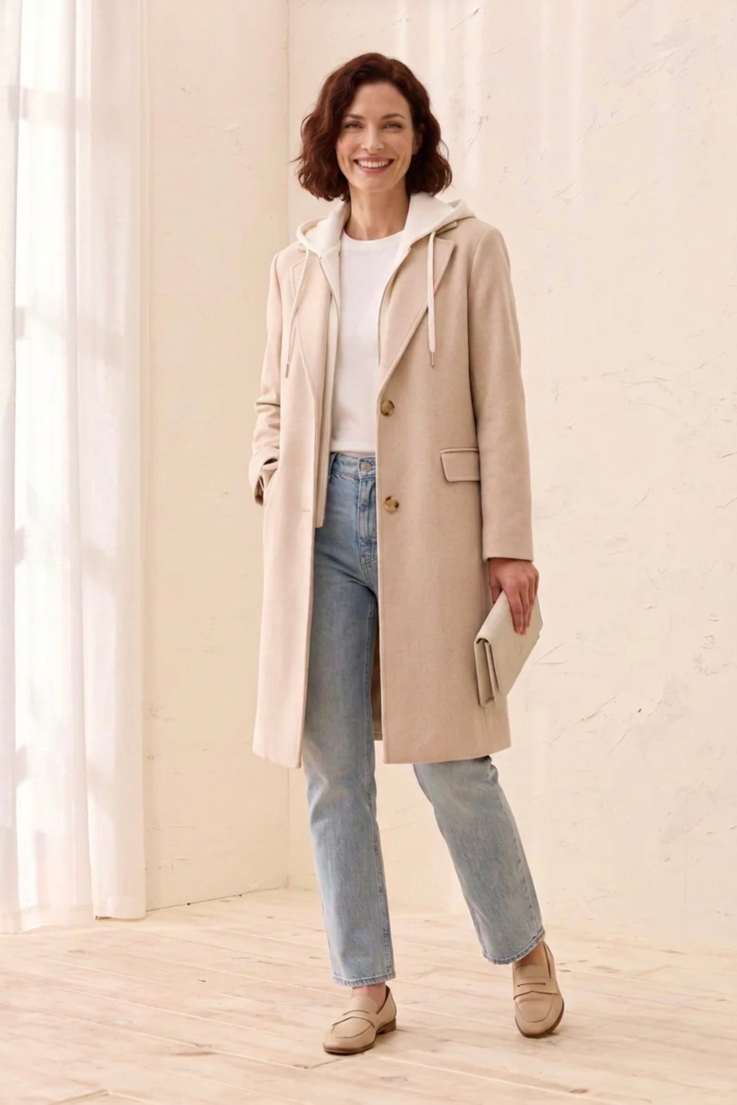 Tribal Soft Knit Removable Hood Coat Oatmeal