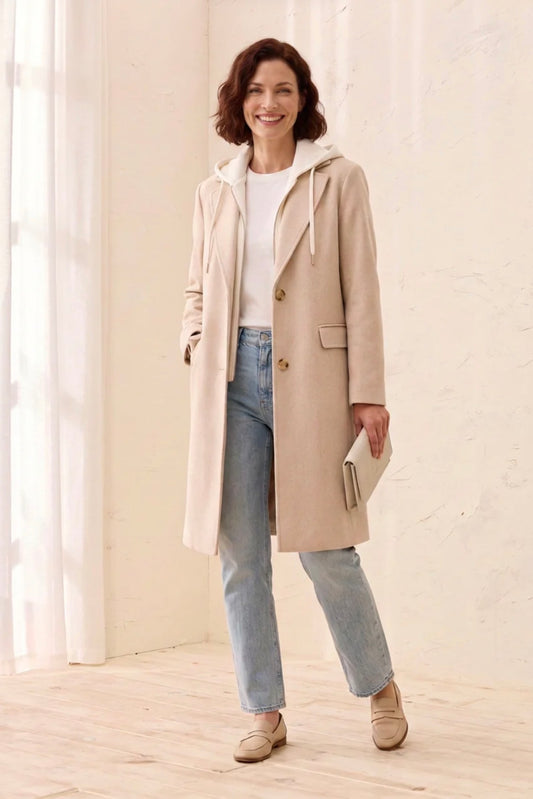 Tribal Soft Knit Removable Hood Coat Oatmeal