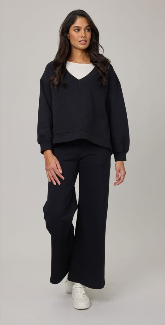 Pistache V-Neck Terry Cotton Lounge Sweater Black