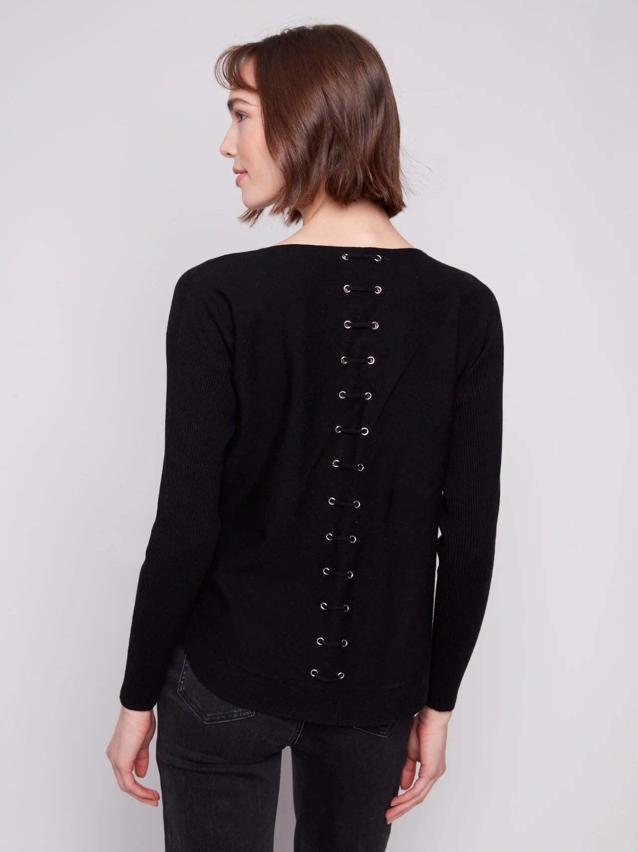 Knit Sweater With Back Lace-Up Detail - Black